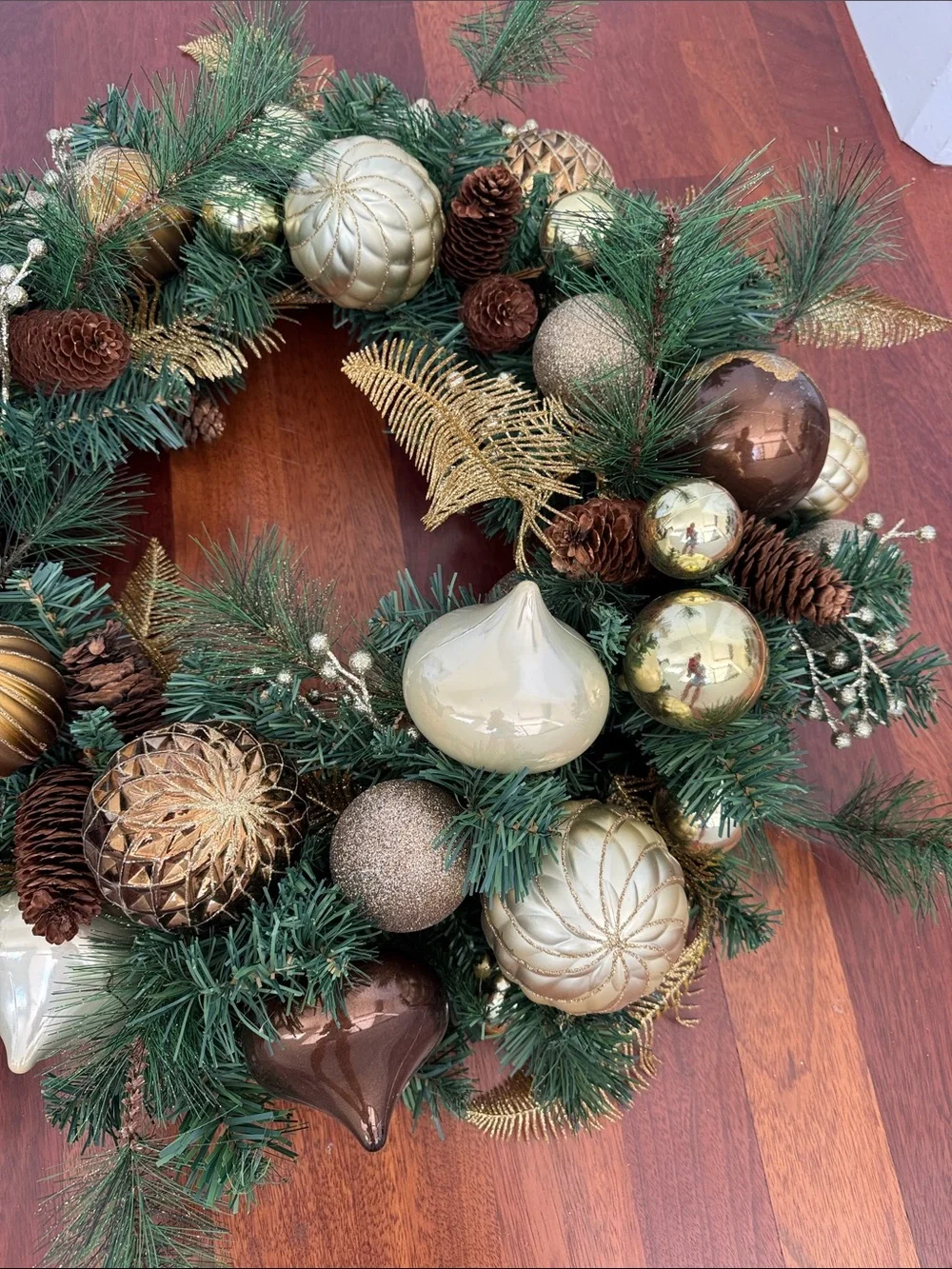 Holiday Pine Wreath with Gold and Green Ornaments